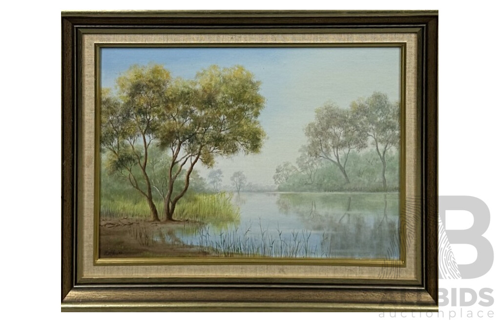 Pat Coffey, (20th Century, Australian, Working c1980s), Sleepy Lagoon (1982), Original Oil on Canvas Board, 42 x 57 cm (frame)