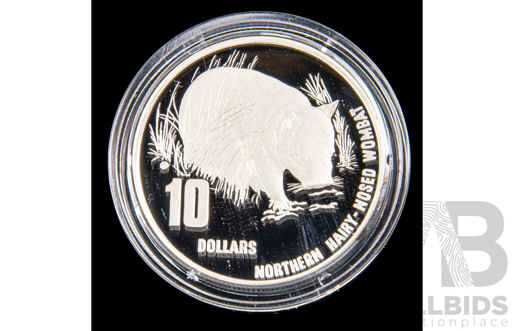Australian RAM 1998 Silver Piedfort Proof Ten Dollar Coin, Australia's Endangered Species, Northern Hairy Nosed Wombat .925