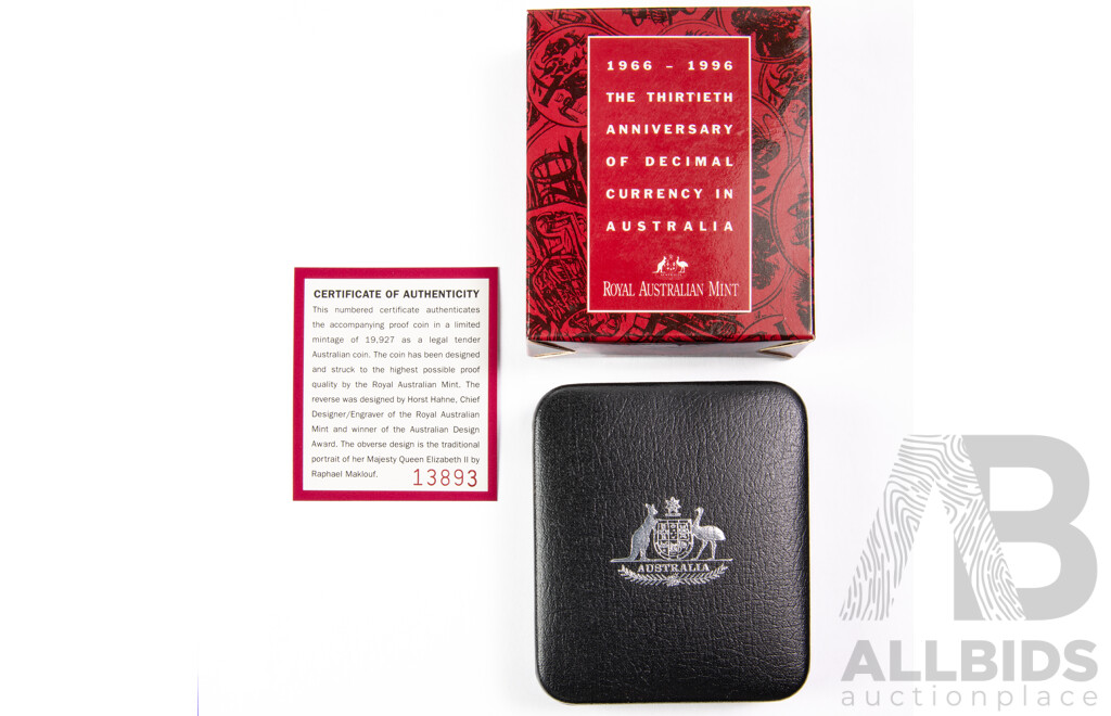 Australian RAM 1996 One Dollar Silver Coin - Thirtieth Anniversary of Decimal Currency .999