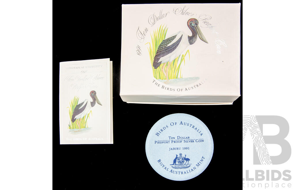 Australian RAM 1991 Ten Dollar Silver Piedfort Coin, Birds of Australia, Jabiru .925