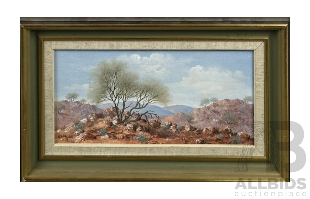 Pat Coffey, (20th Century, Australian, Working c1980s), Rugged Inland (1988), Original Oil on Canvas Board with Matt Varnish, 24.5 x 40 cm (frame)