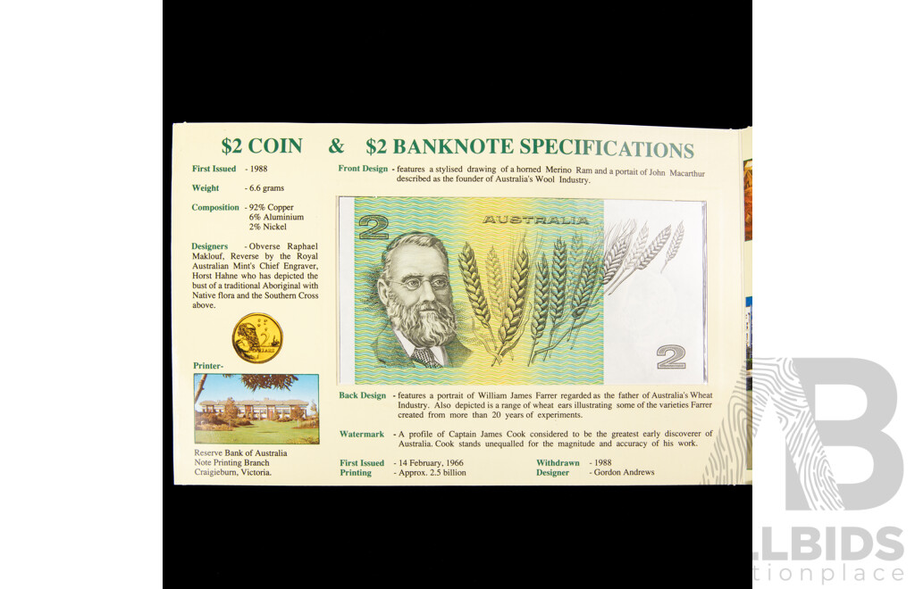 Australian 1988 First Two Dollar Coin, Last Two Dollar Note Folder