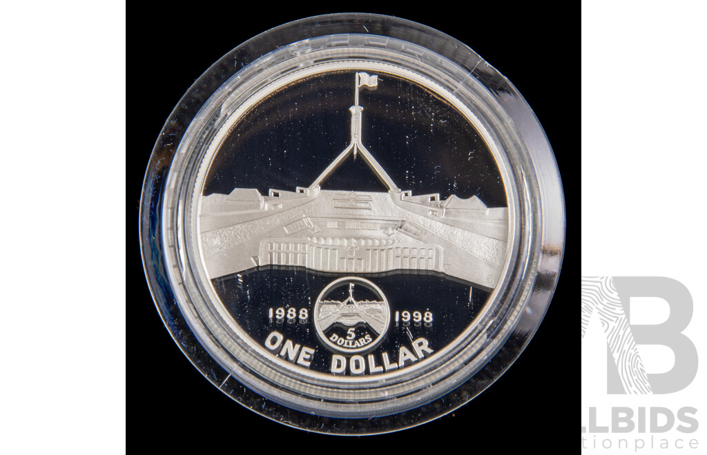 Australian RAM 1998 One Dollar Silver Proof Coin, Parliament House Ten Years on .999