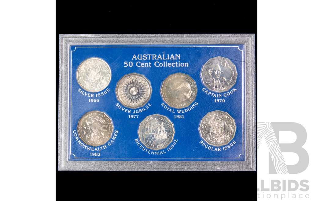 Australian Commemorative Fifty Cent Coin Collection Including 1966 Silver Round