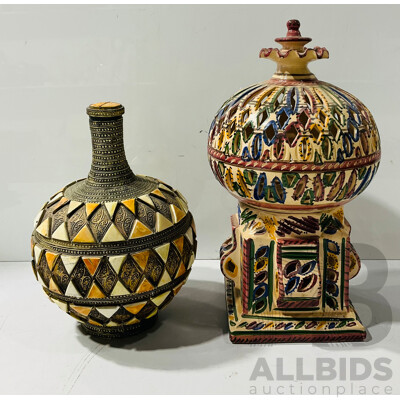 Interesting Pottery Candle Holder Along with Indian Brass Container with Bone Inlay