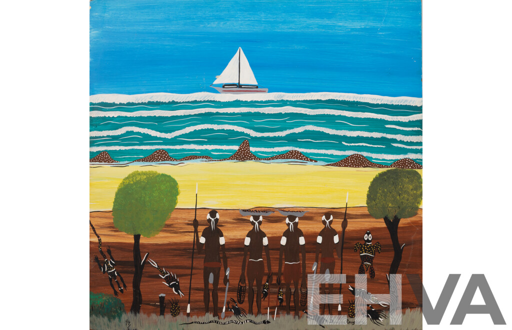 Duncan Roughsey, (20th Century, Indigenous-Australian, Working c1990s), Untitled - Looking on as Boat Approaches, Acrylic on Board, 53 x 53 cm