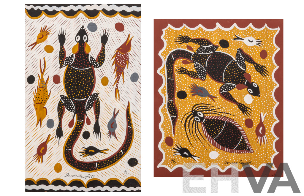 Duncan Roughsey, (20th Century, Indigenous-Australian, Working c1990s), Spirit Dreamtime & Creatures of Water & Land (1994), Pair of Wonderful Acrylic on Boards, 33 x 20 cm & 28.5 x 23.5 cm (2)