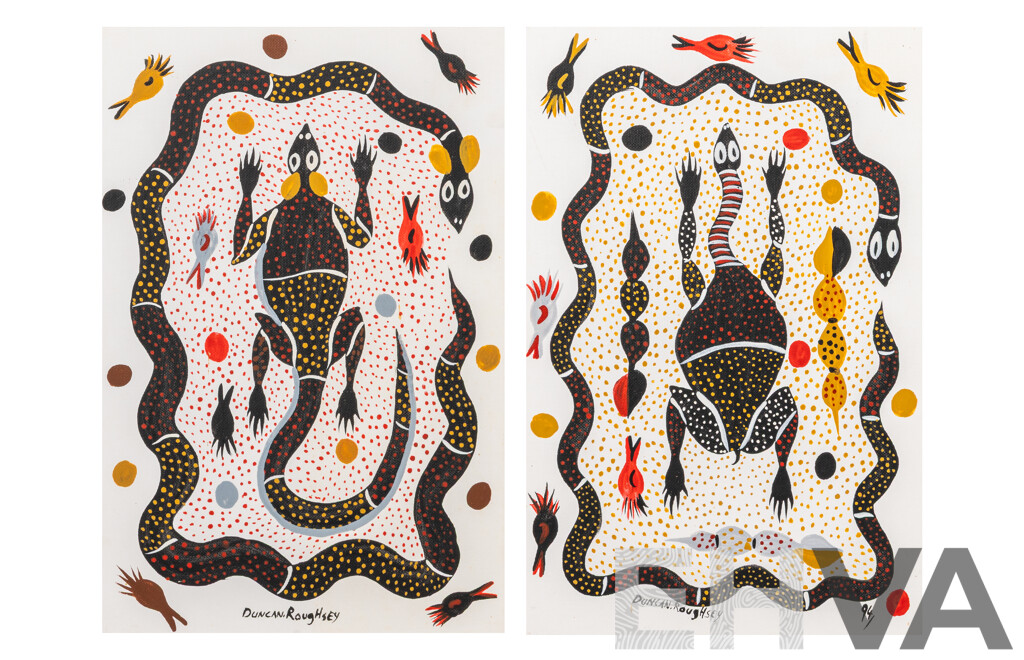 Duncan Roughsey, (20th Century, Indigenous-Australian, Working c1990s), Our Country Spirit Animals I and II, Pair of Wonderful Original Acrylic on Canvas Panels, 38 x 25 cm (2)
