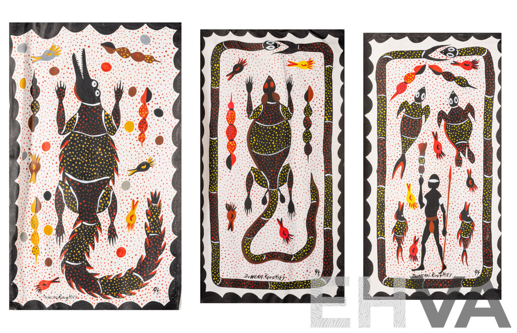 Duncan Roughsey, (20th Century, Indigenous-Australian, Working C1990s), Crocodile, Goanna & Hunter, Amazing Collection of Three Original Acrylic on Canvases, 55 x 30 cm (approx) (3)