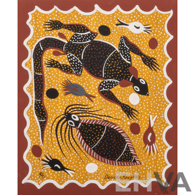 Duncan Roughsey, (20th Century, Indigenous-Australian, Working c1990s), Spirit Dreamtime & Creatures of Water & Land (1994), Pair of Wonderful Acrylic on Boards, 33 x 20 cm & 28.5 x 23.5 cm (2)