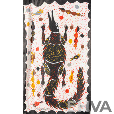 Duncan Roughsey, (20th Century, Indigenous-Australian, Working C1990s), Crocodile, Goanna & Hunter, Amazing Collection of Three Original Acrylic on Canvases, 55 x 30 cm (approx) (3)