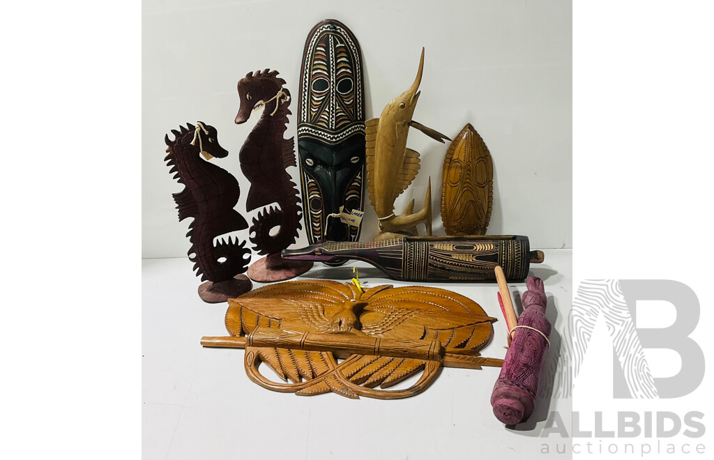 Collection PNG Souvenir Ware Wooden Items Including Trobriand Island Examples