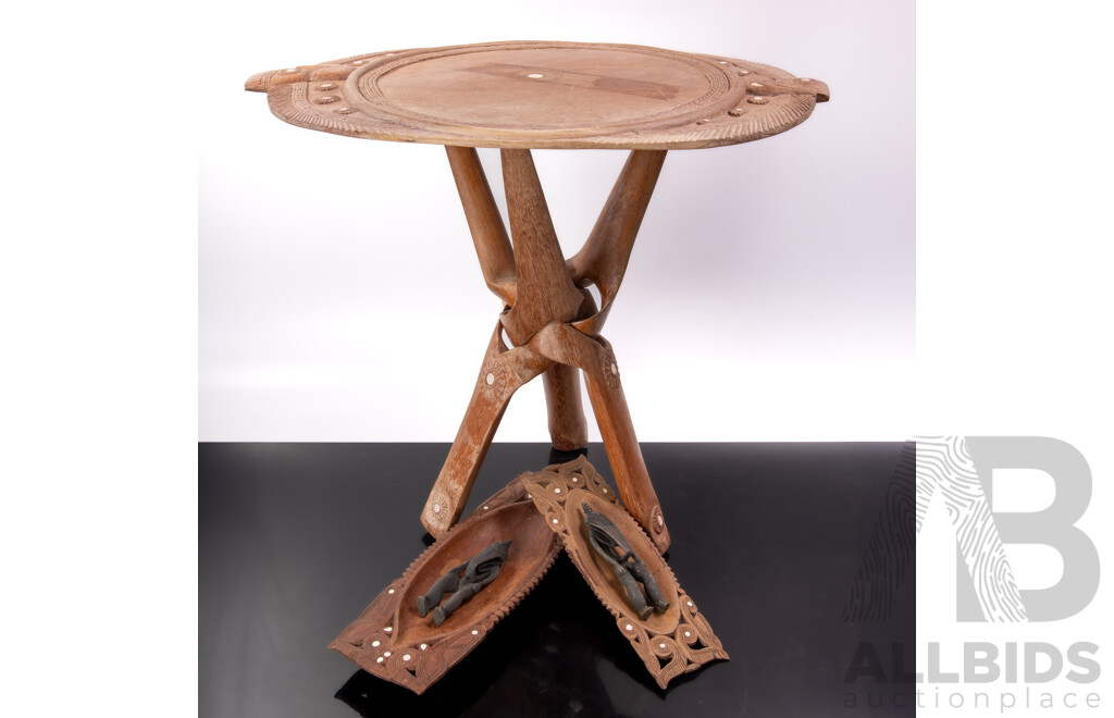 Collection Trobriand & PNG Hand Carved PNG Wooden Pieces Including Tripod Legged Side Table, Pair PNG Ramu River Figures and More