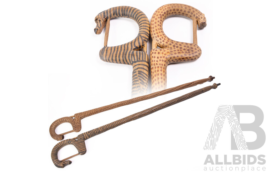 Two Hand Carved African Wooden Walking Sticks Comprising Leopard and Zebra Examples
