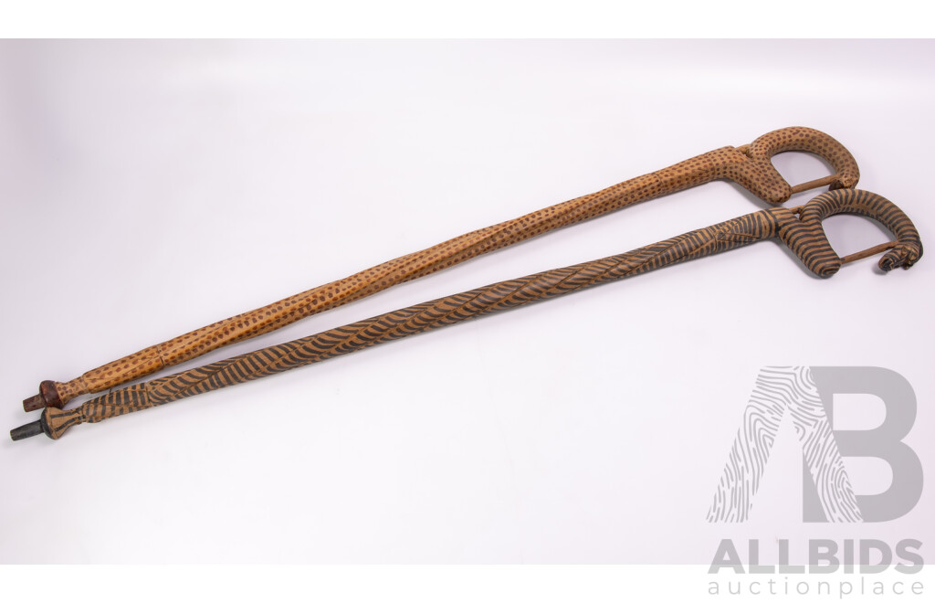 Two Hand Carved African Wooden Walking Sticks Comprising Leopard and Zebra Examples