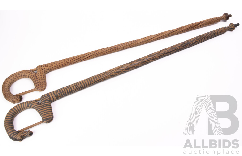Two Hand Carved African Wooden Walking Sticks Comprising Leopard and Zebra Examples
