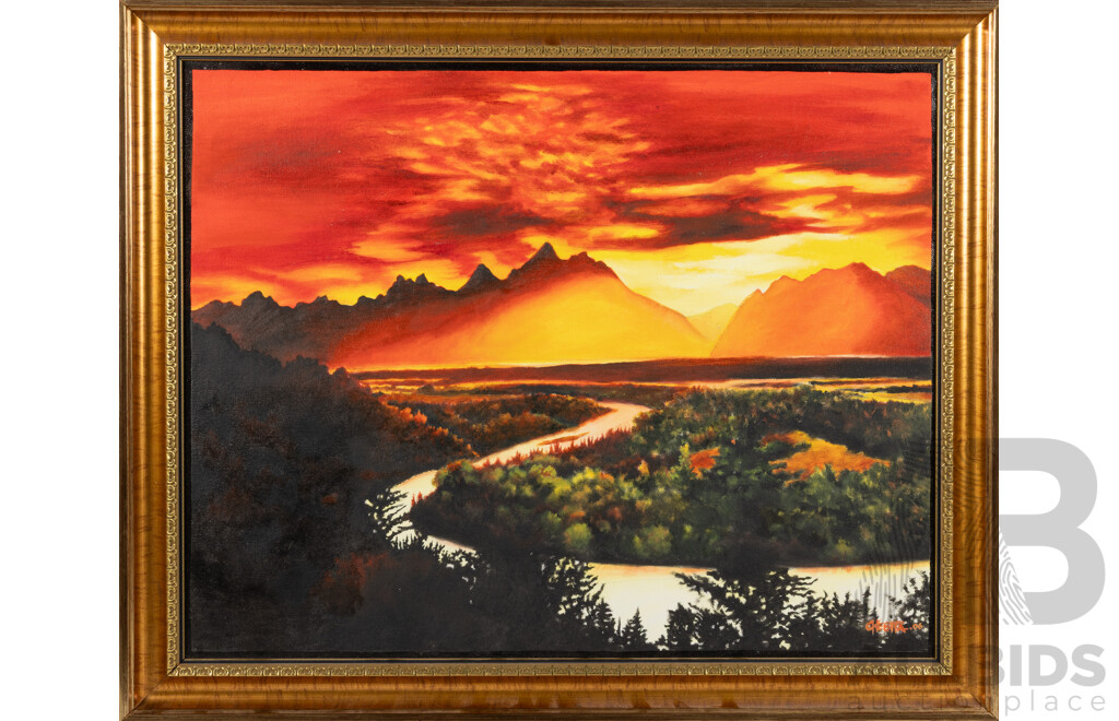 Charlie Nebita, (20th Century, Papua New Guinean), Sun Setting Over Water (2006), Oil on Canvas, 55 x 67 cm (frame)