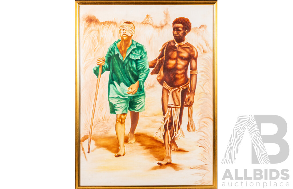 Charlie Nebita, (20th Century, Papua New Guinean), Assisting the Wounded, Original Oil on Canvas Board, 63 x 48 cm (frame)