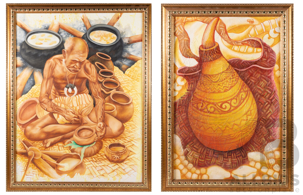 Charlie Nebita, (20th Century, PNG), Still Life - Decorative Gourd & Bag, (2003), 70 x 49 cm (frame) & Village Elder Cooking, (2002), Pair Mixed Media on Canvas Cloth, 90 x 70 cm (frame) (2)