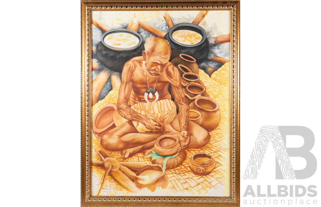 Charlie Nebita, (20th Century, PNG), Still Life - Decorative Gourd & Bag, (2003), 70 x 49 cm (frame) & Village Elder Cooking, (2002), Pair Mixed Media on Canvas Cloth, 90 x 70 cm (frame) (2)