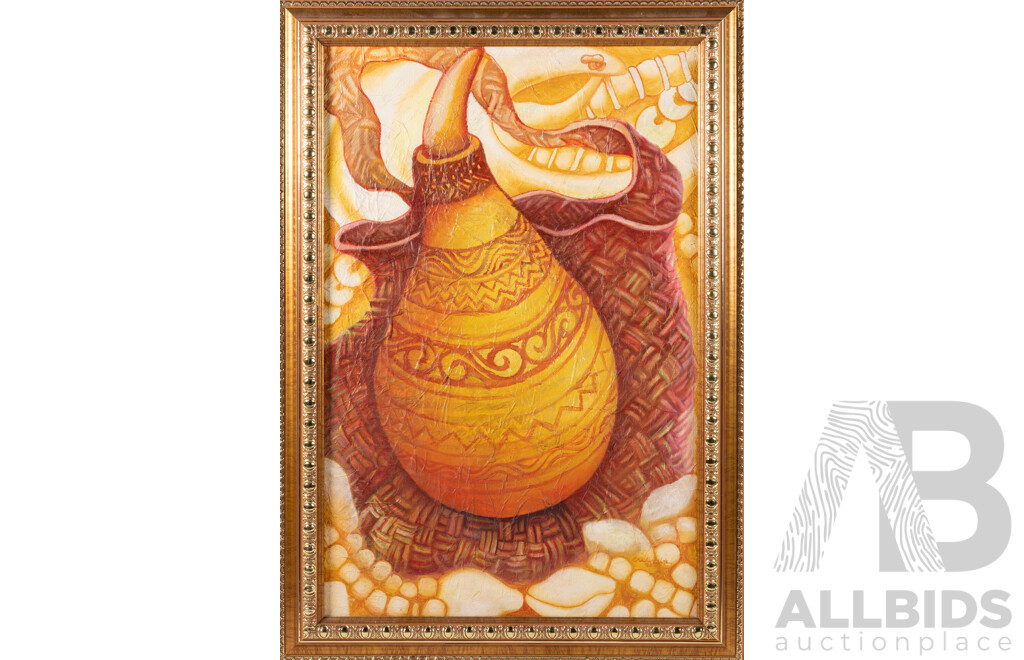 Charlie Nebita, (20th Century, PNG), Still Life - Decorative Gourd & Bag, (2003), 70 x 49 cm (frame) & Village Elder Cooking, (2002), Pair Mixed Media on Canvas Cloth, 90 x 70 cm (frame) (2)