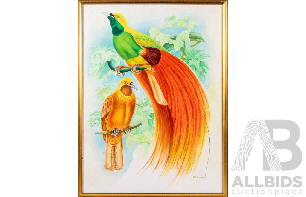 Charlie Nebita, (20th Century, PNG), Birds of Paradise, Original Oil on Canvas Board, 63 X 48 Cm (frame)
