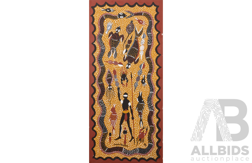Duncan Roughsey, (20th Century, Indigenous-Australian, Working c1990s), Dreamtime Creatures of the Water & Hunter, Acrylic on Board, 67 x 30 cm