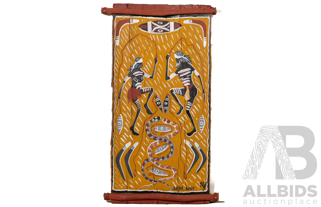 Leith Watt, (20th Century, Indigenous-Australian), Dance Ceremony (1994), Natural Pigments on Bark, 44 x 21 cm