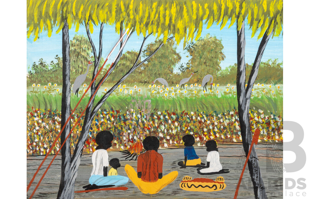 Thuganmu Arnold Watt, (20th Century, Indigenous-Australian,1941-2006), Watching the Brolgas by a Fire (1994), Original Acrylic on Canvas Panel, 35.5 x 45.5 cm
