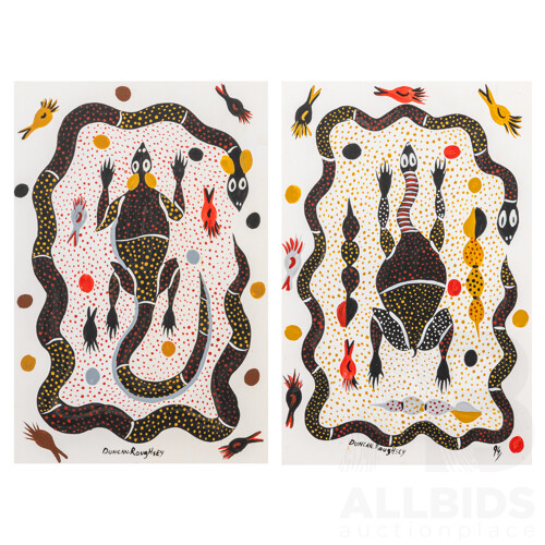 Duncan Roughsey, (20th Century, Indigenous-Australian, Working c1990s), Our Country Spirit Animals I and II, Pair of Wonderful Original Acrylic on Canvas Panels, 38 x 25 cm (2)