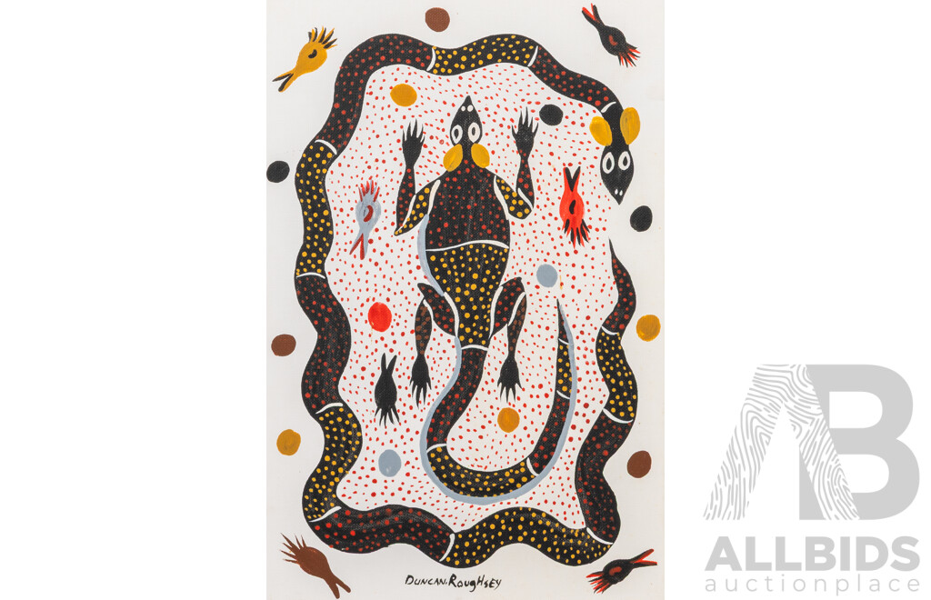 Duncan Roughsey, (20th Century, Indigenous-Australian, Working c1990s), Our Country Spirit Animals I and II, Pair of Wonderful Original Acrylic on Canvas Panels, 38 x 25 cm (2)