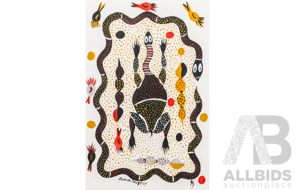 Duncan Roughsey, (20th Century, Indigenous-Australian, Working c1990s), Our Country Spirit Animals I and II, Pair of Wonderful Original Acrylic on Canvas Panels, 38 x 25 cm (2)