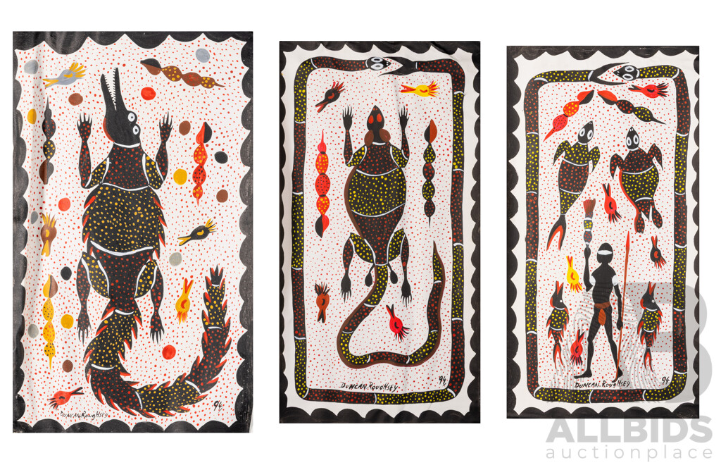 Duncan Roughsey, (20th Century, Indigenous-Australian, Working C1990s), Crocodile, Goanna & Hunter, Amazing Collection of Three Original Acrylic on Canvases, 55 x 30 cm (approx) (3)