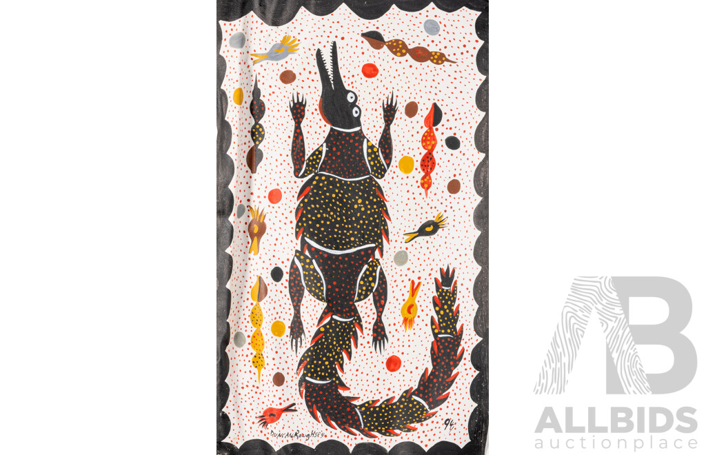 Duncan Roughsey, (20th Century, Indigenous-Australian, Working C1990s), Crocodile, Goanna & Hunter, Amazing Collection of Three Original Acrylic on Canvases, 55 x 30 cm (approx) (3)