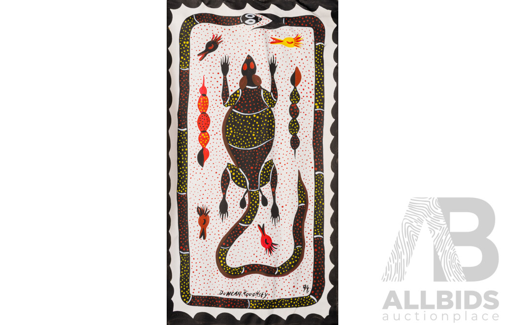 Duncan Roughsey, (20th Century, Indigenous-Australian, Working C1990s), Crocodile, Goanna & Hunter, Amazing Collection of Three Original Acrylic on Canvases, 55 x 30 cm (approx) (3)