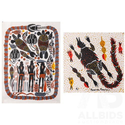 Brothers Duncan & Basil Roughsey, (20th Century, Indigenous-Australian, Working c1990s), Lizard & Spirit Hunters with Water Creature Haul, Wonderful Pair of Original Acrylic on Canvases, 60 x 40 cm (largest) (2)