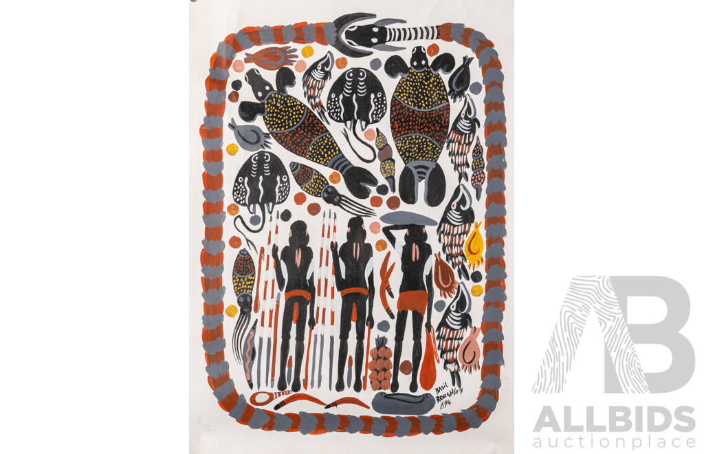 Brothers Duncan & Basil Roughsey, (20th Century, Indigenous-Australian, Working c1990s), Lizard & Spirit Hunters with Water Creature Haul, Wonderful Pair of Original Acrylic on Canvases, 60 x 40 cm (largest) (2)