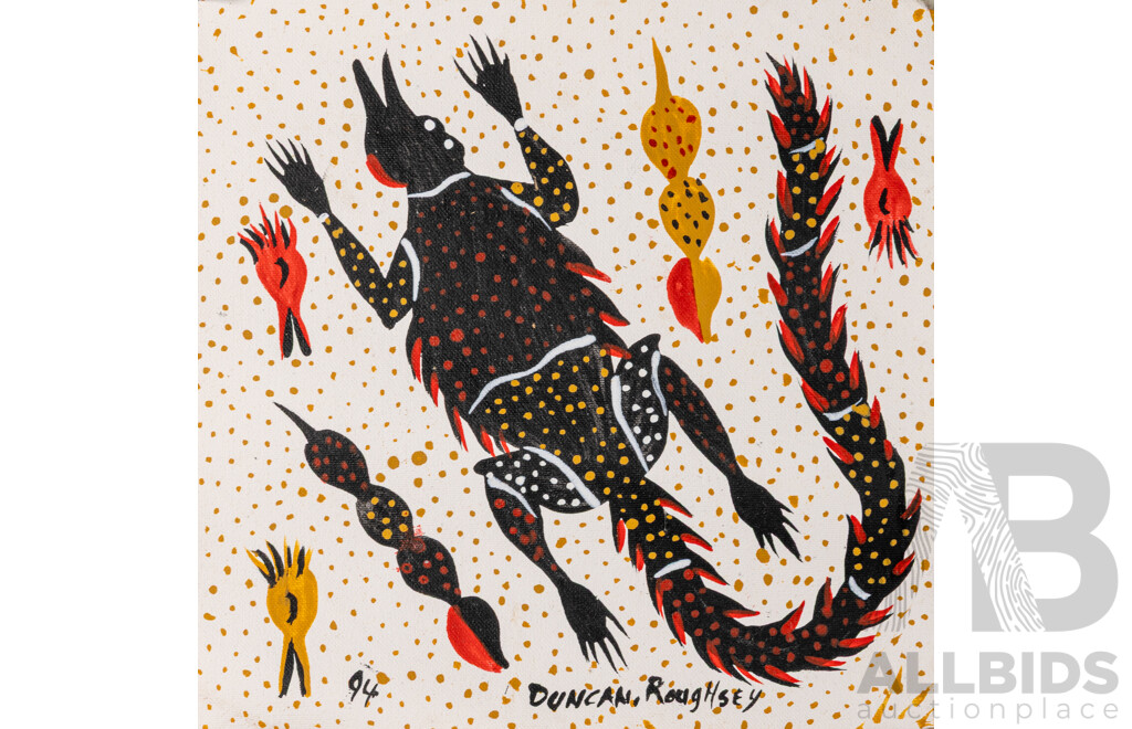 Brothers Duncan & Basil Roughsey, (20th Century, Indigenous-Australian, Working c1990s), Lizard & Spirit Hunters with Water Creature Haul, Wonderful Pair of Original Acrylic on Canvases, 60 x 40 cm (largest) (2)