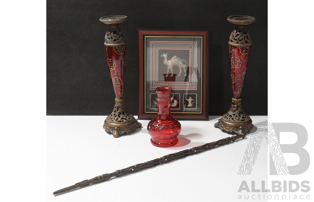Pair Contemporary Candle Holders with Composite Base, Decor Red Glass Vase and Tribal Carved Trobriand Island Ebony Stick