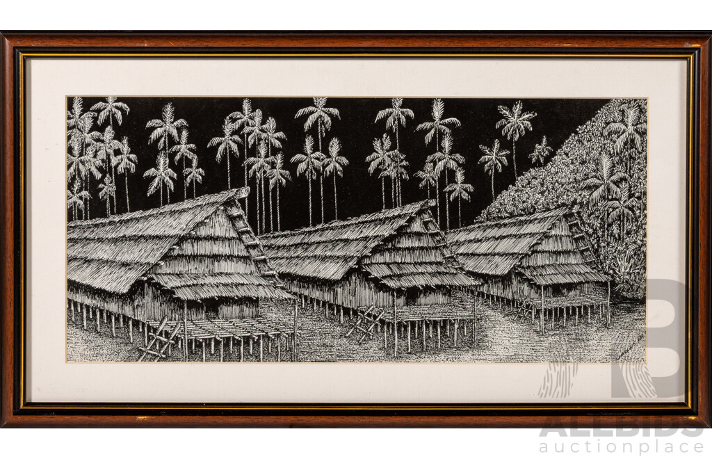 Charles N, (20th Century, Papua New Guinean), Straw Huts, Raised Huts & Tribal Implements, Pair of Prints of Original Ink Sketches, 29 x 51 cm (largest frame) (3)