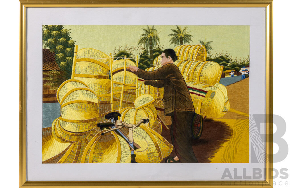Artists Unknown (20th Century, Asian School), Rice Harvest & Affixing Straw Baskets, Lovely Pair of Vintage Framed Silk Embroidery, 43 x 58 cm (frames) (2)
