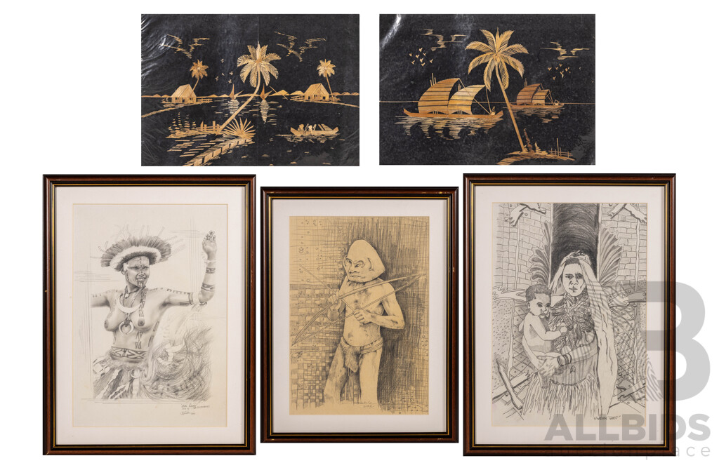 Varied Artists (20th Century, Papua New Guinean), Hiri Queen & Untitled Pair, Trio of Wonderful Original Signed & Dated Pencil Sketches, 45 x 34 cm (larger frames) (5)