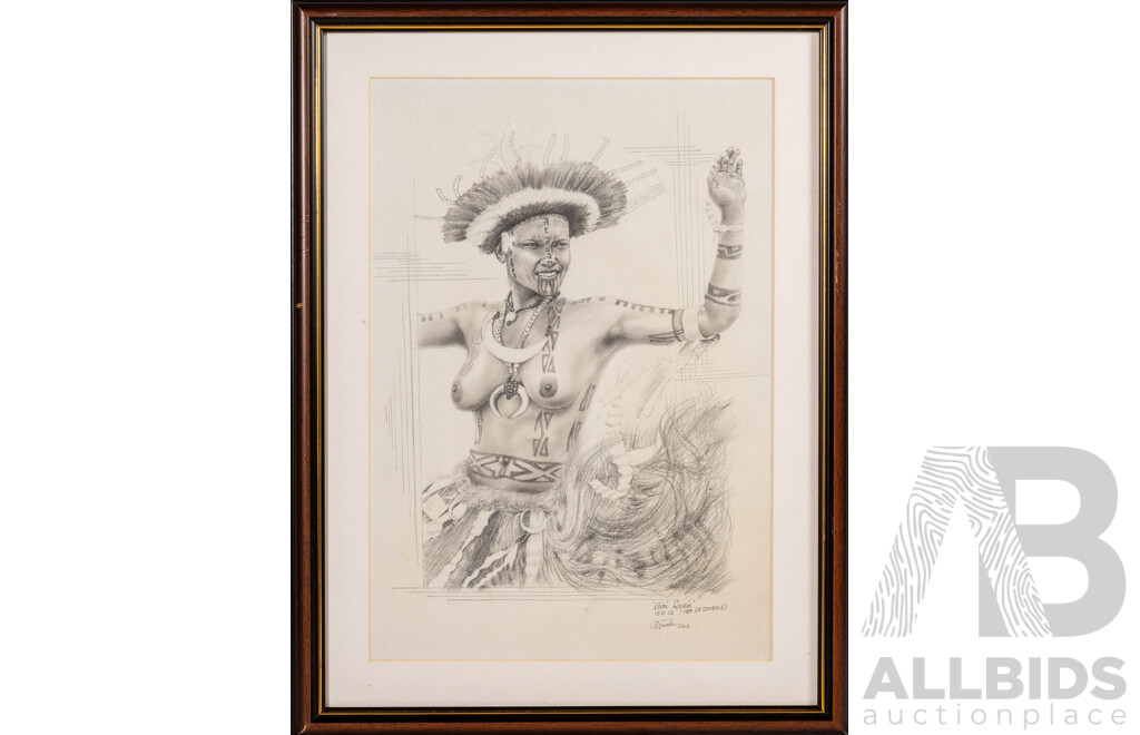Varied Artists (20th Century, Papua New Guinean), Hiri Queen & Untitled Pair, Trio of Wonderful Original Signed & Dated Pencil Sketches, 45 x 34 cm (larger frames) (5)