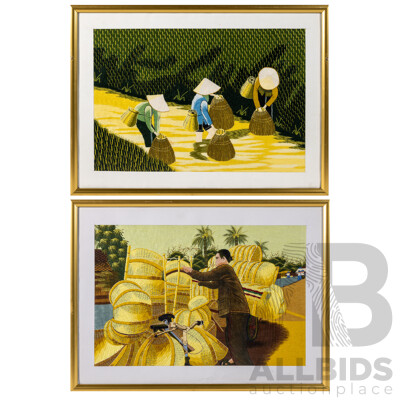 Artists Unknown (20th Century, Asian School), Rice Harvest & Affixing Straw Baskets, Lovely Pair of Vintage Framed Silk Embroidery, 43 x 58 cm (frames) (2)