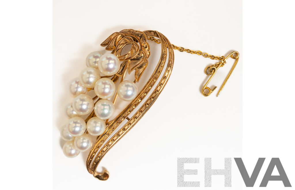 14ct Stunning Vintage Akoya Pearl Brooch, 53mm, 11.64 Grams