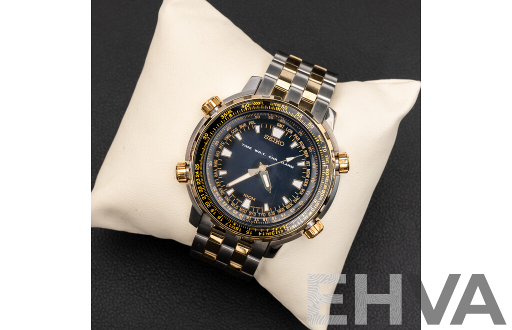 Seiko World Time Chronograph Mens Watch, H023-0DG0, in Original Presentation Box