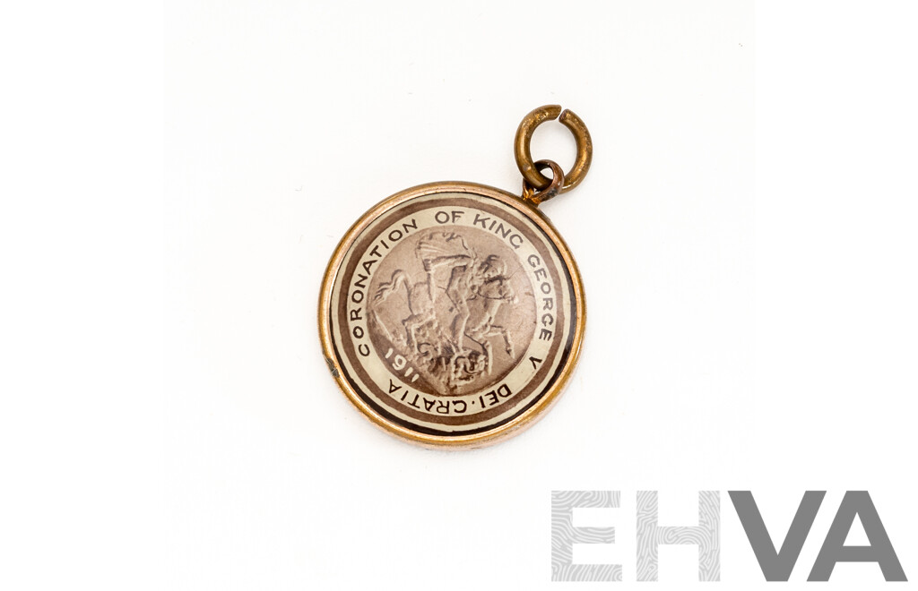 1911 Coronation of King George V Dei Cratia Rolled Gold Pendant with Portrait on Reverse Side, 20mm, Rare