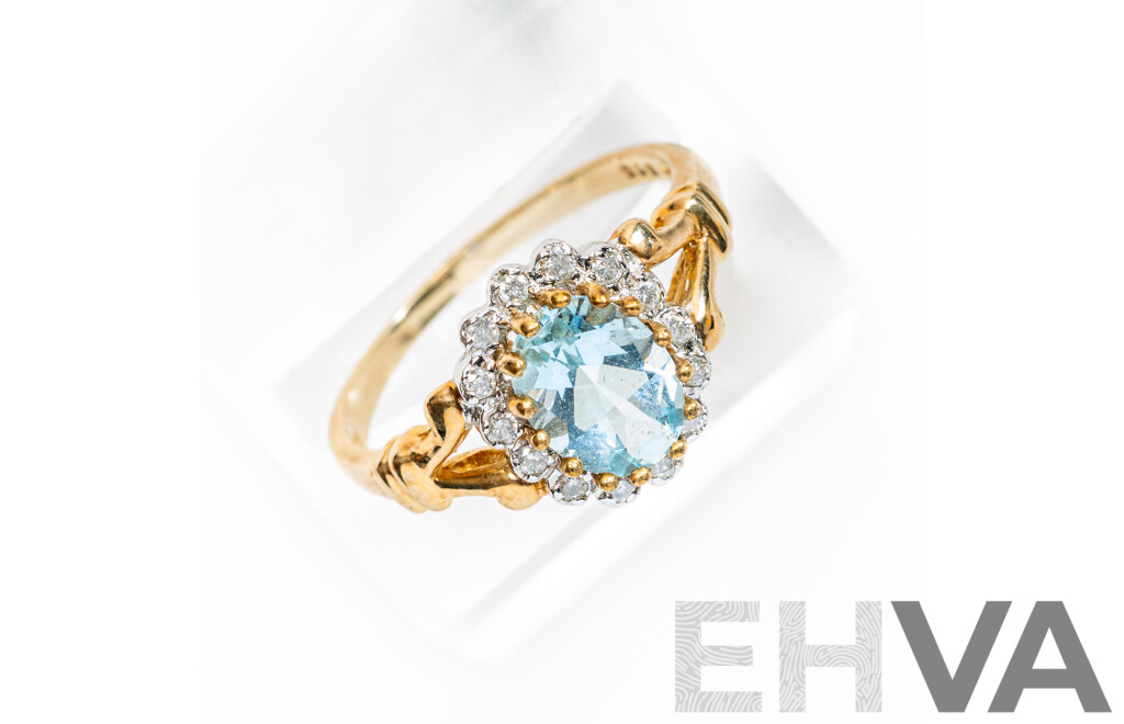 9ct Aquamarine & Diamond Cluster Ring, TDW 0.20ct, Size P, 2.72 Grams