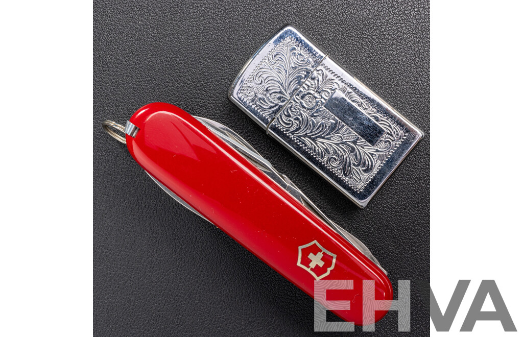 Victorinox Explorer Medium Pocket Knife with Magnifying Glass, in Original Presentation Box & Nobilis Silver Tone Gas Lighter
