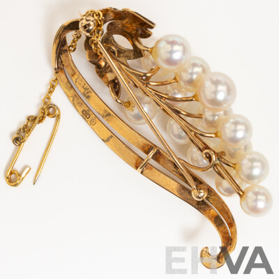 14ct Stunning Vintage Akoya Pearl Brooch, 53mm, 11.64 Grams